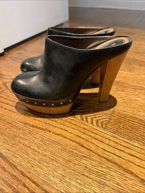 Black Leather Clog Mules with Wood Block Heel by Marni